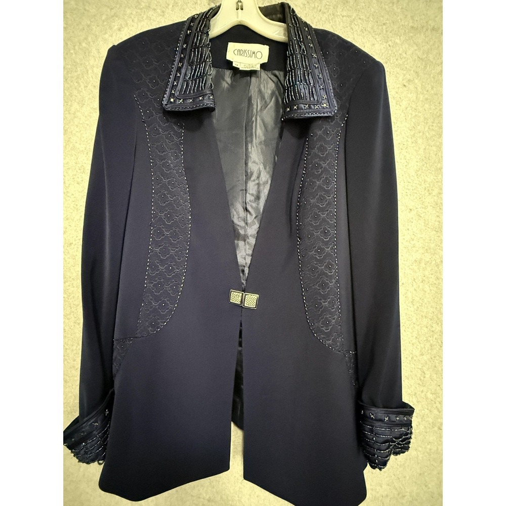 Carissimo Blazer Womens‎ 14 Navy Beaded Tuxedo Shawl Collar Lined Formal Evening